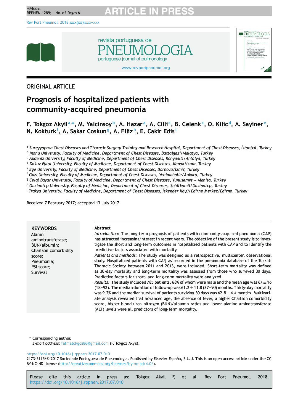 Prognosis of hospitalized patients with community-acquired pneumonia