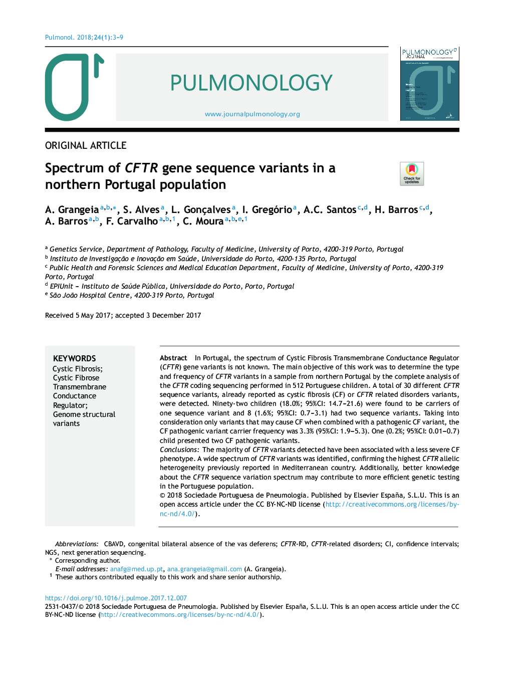 Spectrum of CFTR gene sequence variants in a northern Portugal population