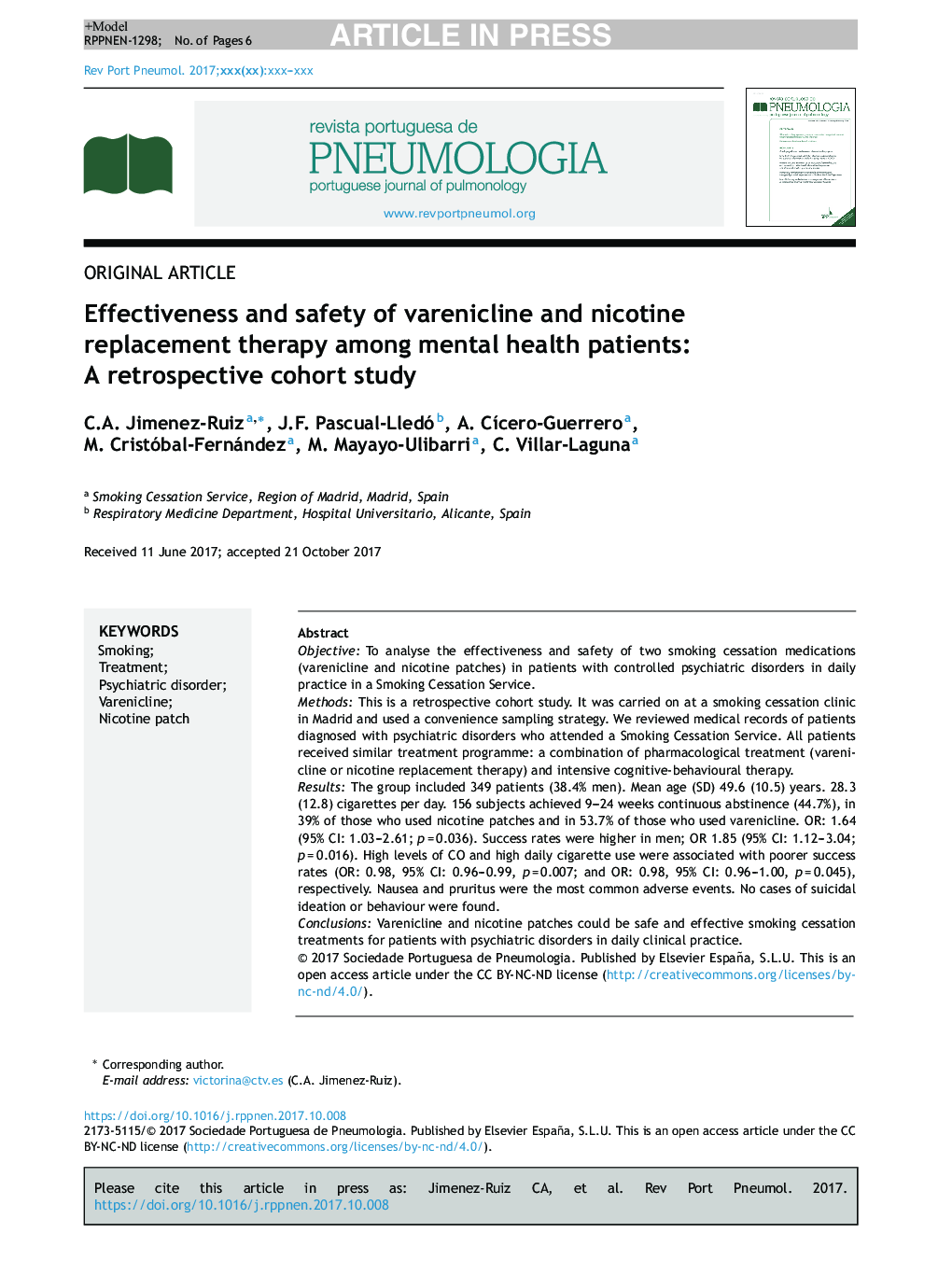 Effectiveness and safety of varenicline and nicotine replacement therapy among mental health patients: A retrospective cohort study
