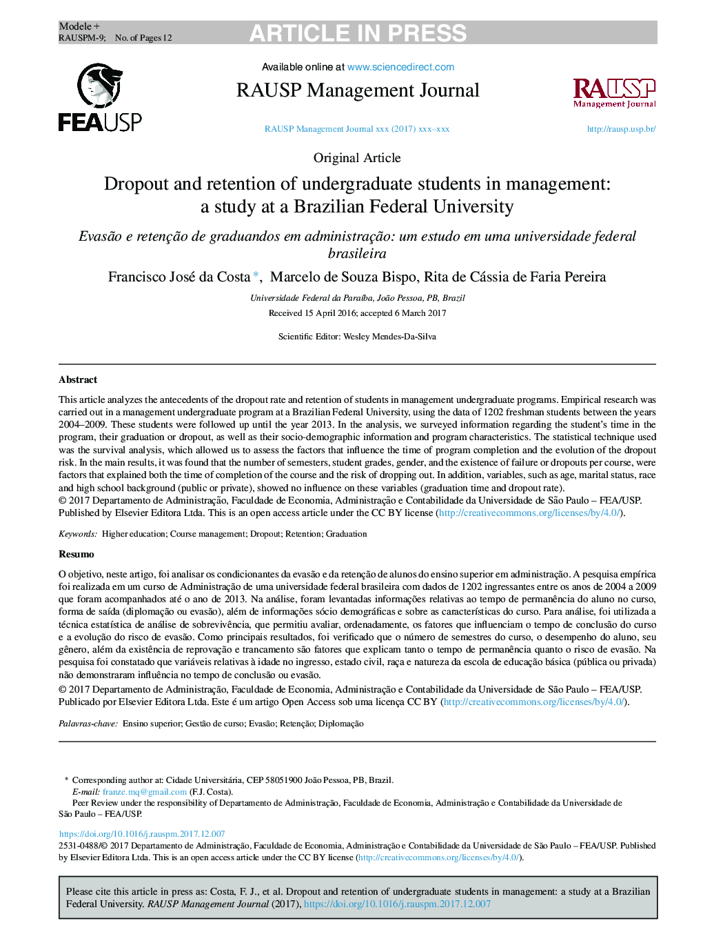 Dropout and retention of undergraduate students in management: a study at a Brazilian Federal University