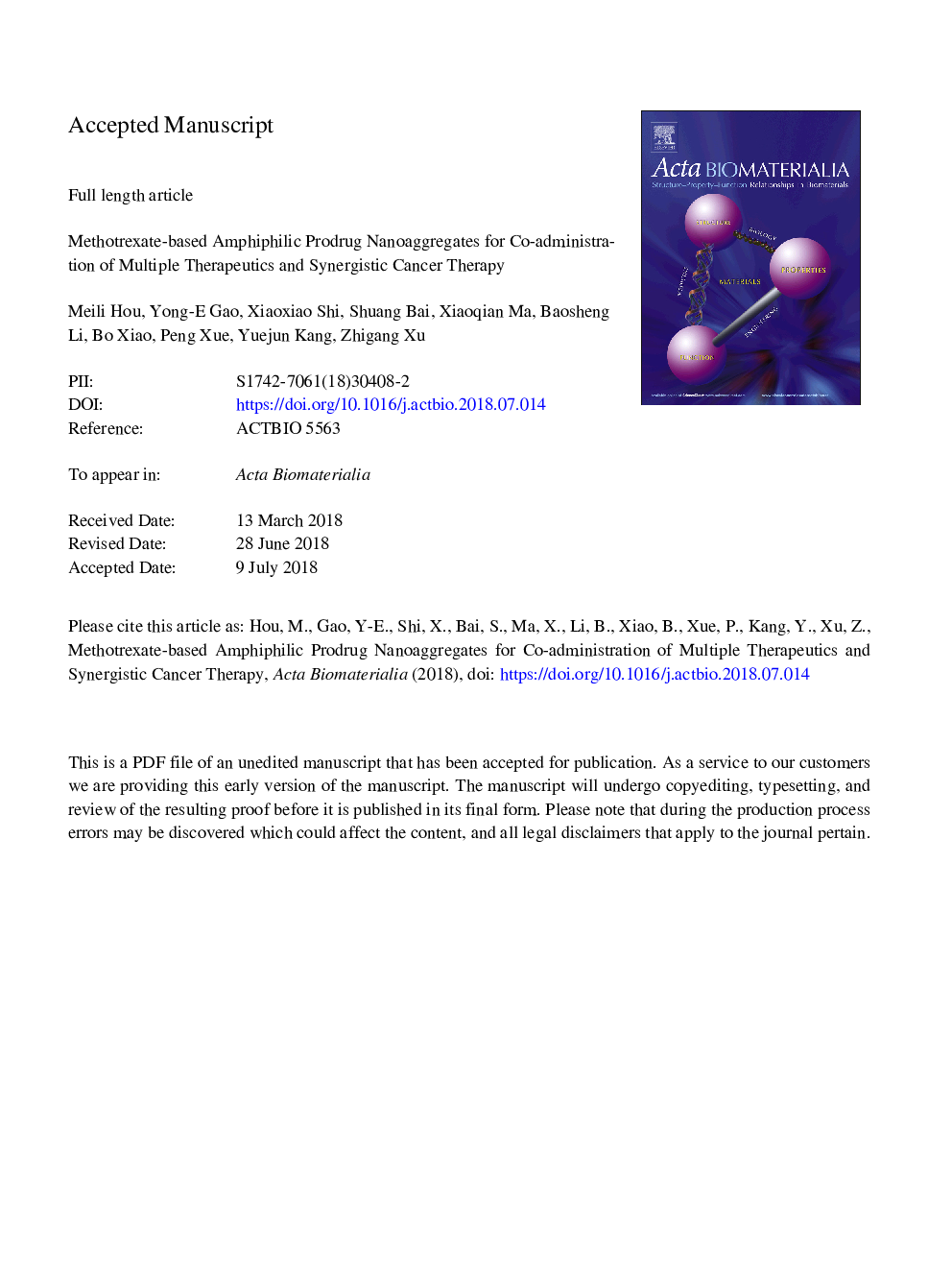 Methotrexate-based amphiphilic prodrug nanoaggregates for co-administration of multiple therapeutics and synergistic cancer therapy