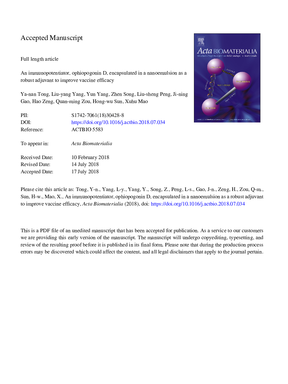 An immunopotentiator, ophiopogonin D, encapsulated in a nanoemulsion as a robust adjuvant to improve vaccine efficacy