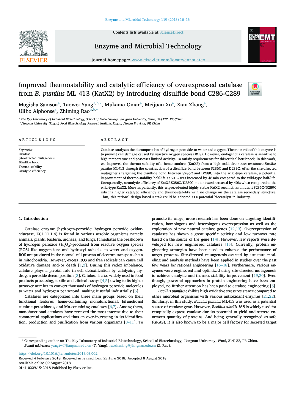 Improved thermostability and catalytic efficiency of overexpressed catalase from B. pumilus ML 413 (KatX2) by introducing disulfide bond C286-C289