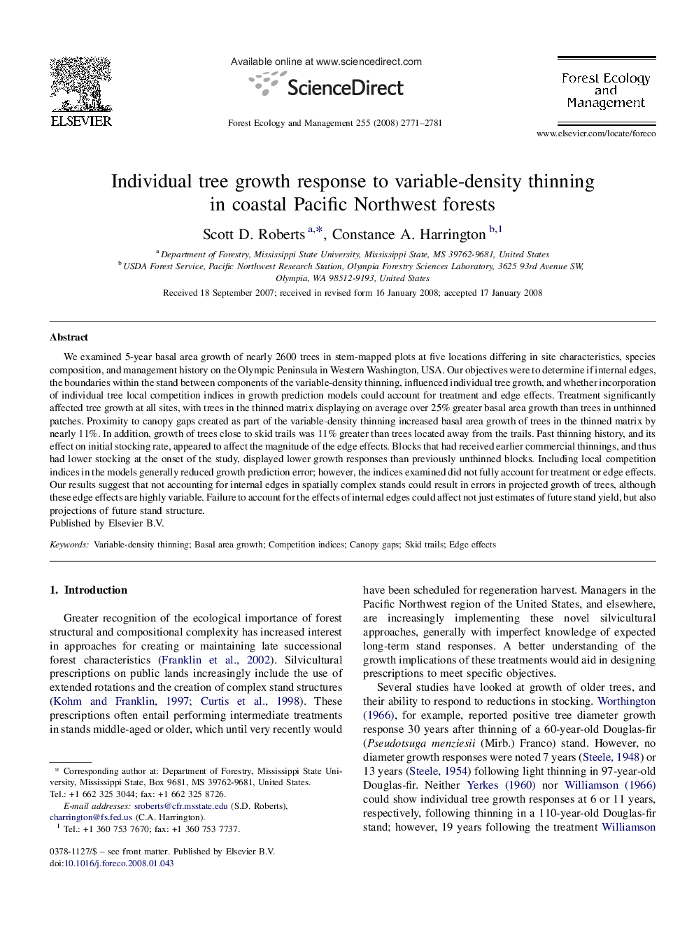 Individual tree growth response to variable-density thinning in coastal Pacific Northwest forests