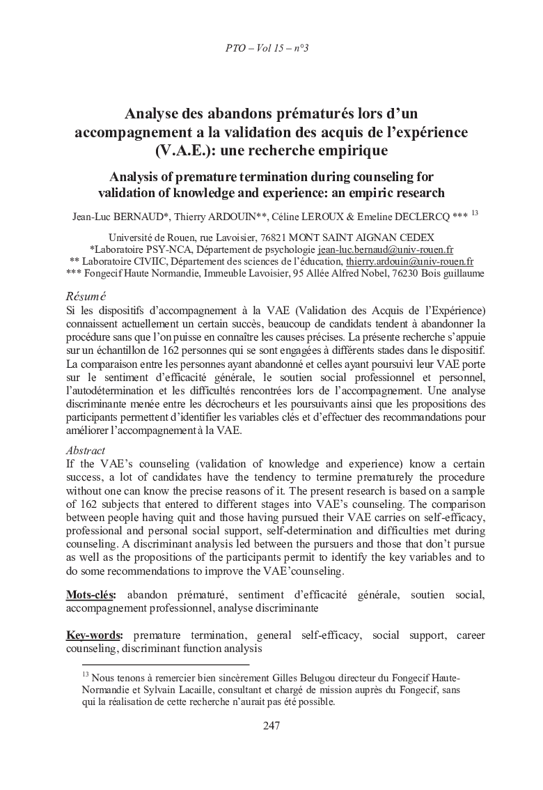 Analyse des abandons prématurés lors d’un accompagnement a la validation des acquis de l’expérience (V.A.E.): une recherche empirique