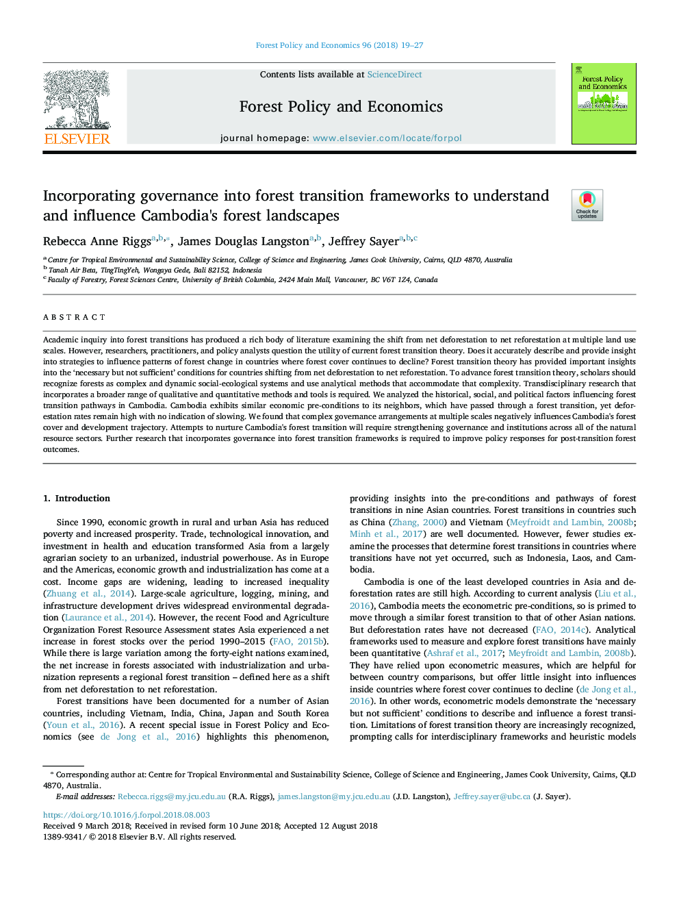 Incorporating governance into forest transition frameworks to understand and influence Cambodia's forest landscapes