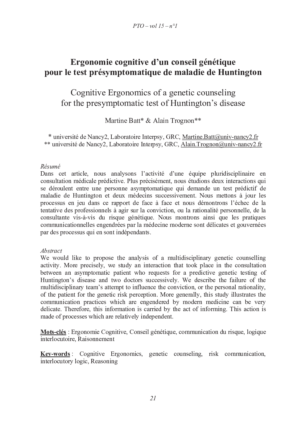 Ergonomie cognitive d’un conseil génétique pour le test présymptomatique de maladie de Huntington