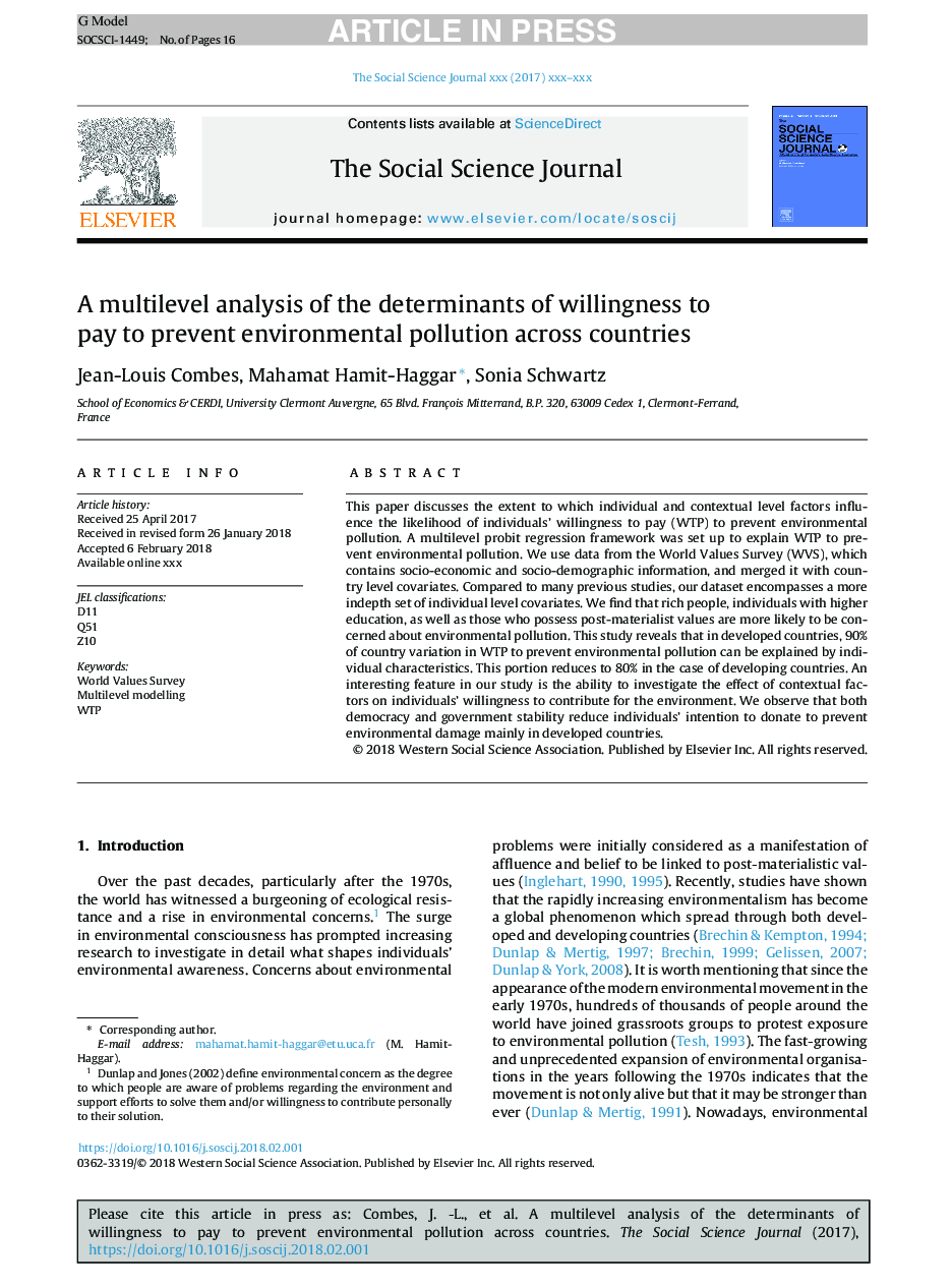 A multilevel analysis of the determinants of willingness to pay to prevent environmental pollution across countries