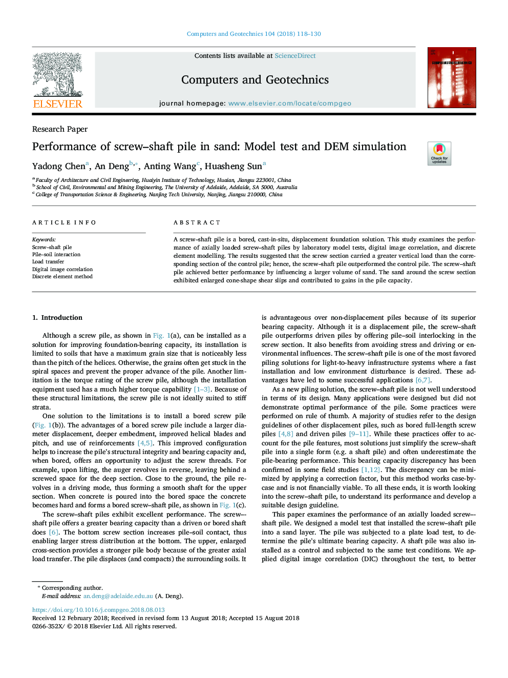 Performance of screw-shaft pile in sand: Model test and DEM simulation