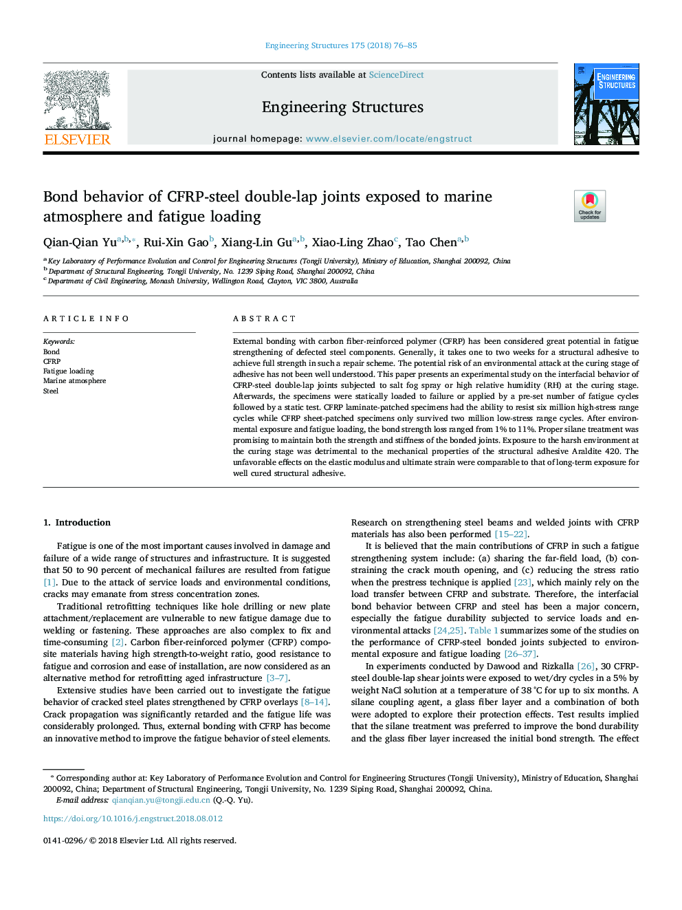 Bond behavior of CFRP-steel double-lap joints exposed to marine atmosphere and fatigue loading