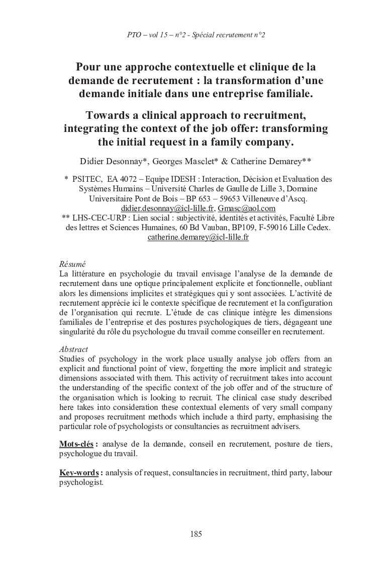 Pour une approche contextuelle et clinique de la demande de recrutement : la transformation d’une demande initiale dans une entreprise familiale