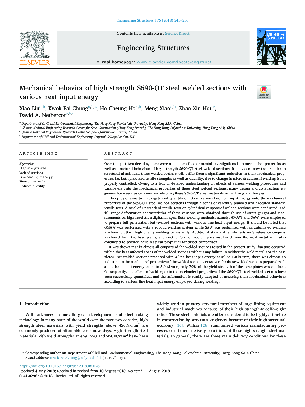 Mechanical behavior of high strength S690-QT steel welded sections with various heat input energy