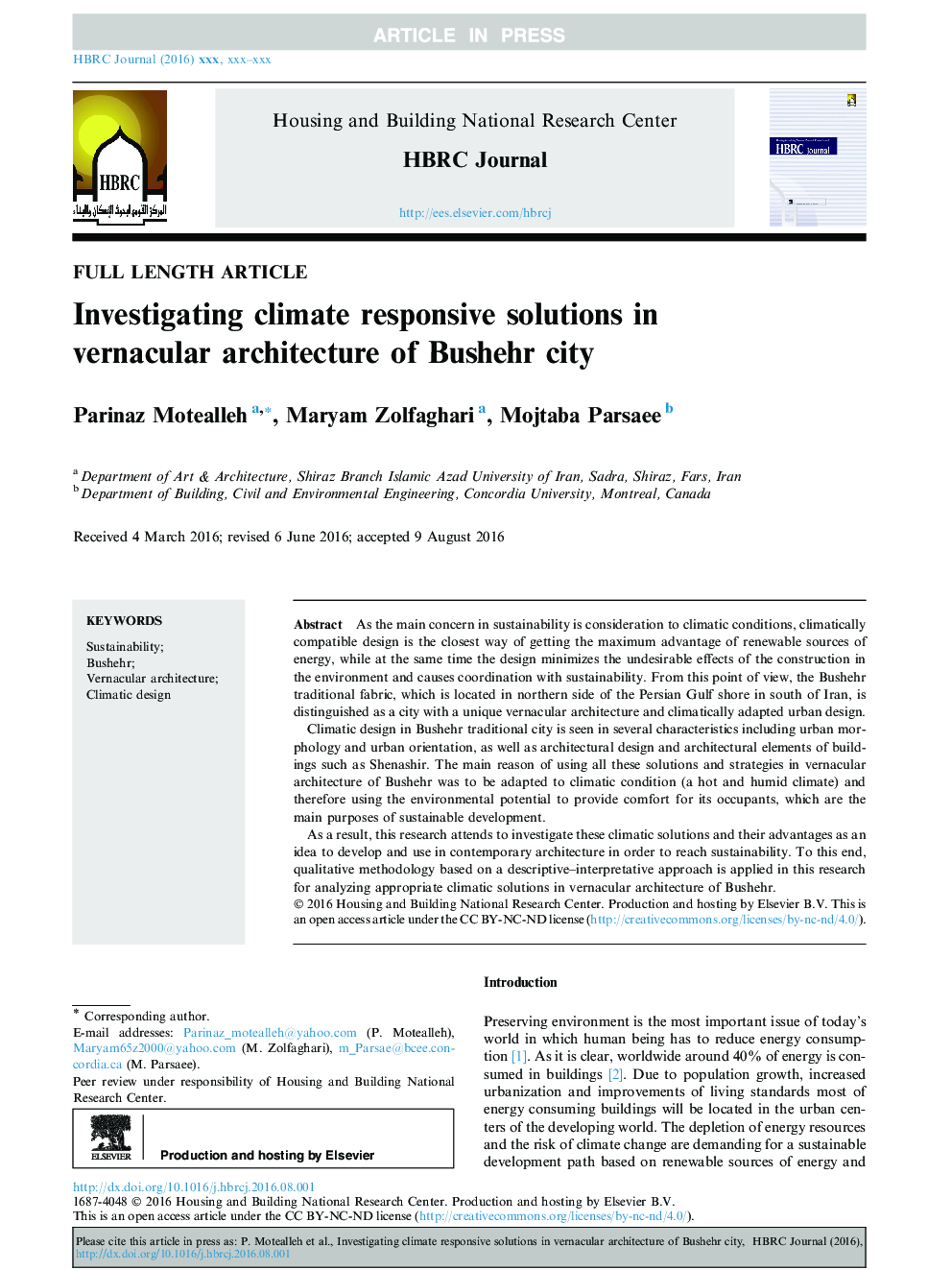 Investigating climate responsive solutions in vernacular architecture of Bushehr city