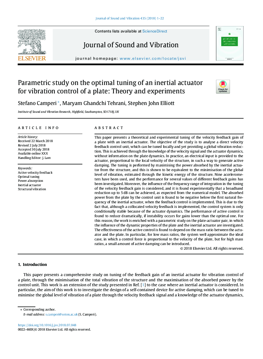 Parametric study on the optimal tuning of an inertial actuator for vibration control of a plate: Theory and experiments