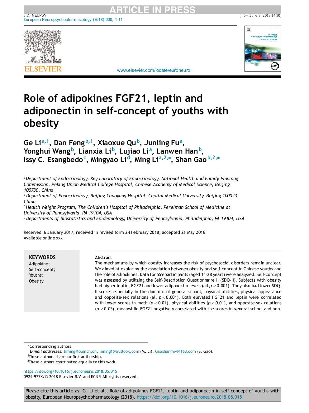 Role of adipokines FGF21, leptin and adiponectin in self-concept of youths with obesity