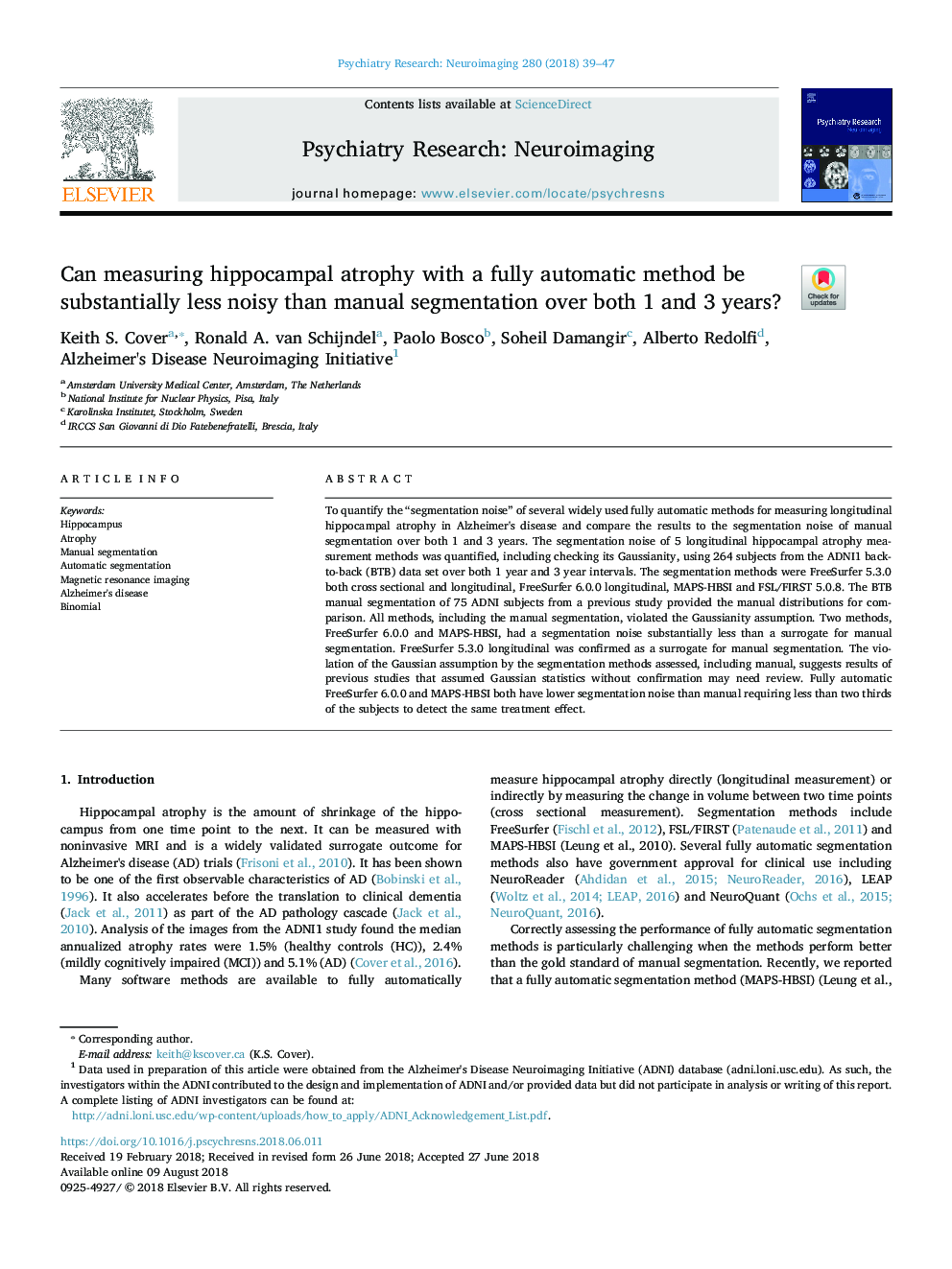 Can measuring hippocampal atrophy with a fully automatic method be substantially less noisy than manual segmentation over both 1 and 3 years?