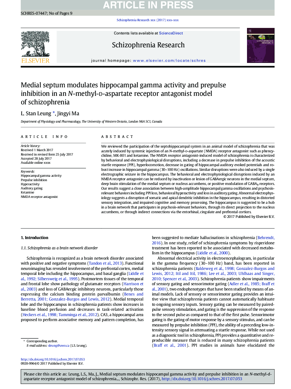 Medial septum modulates hippocampal gamma activity and prepulse inhibition in an N-methyl-d-aspartate receptor antagonist model of schizophrenia