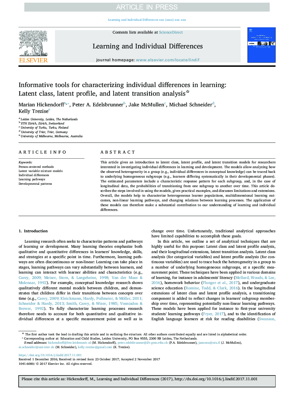 Informative tools for characterizing individual differences in learning: Latent class, latent profile, and latent transition analysis