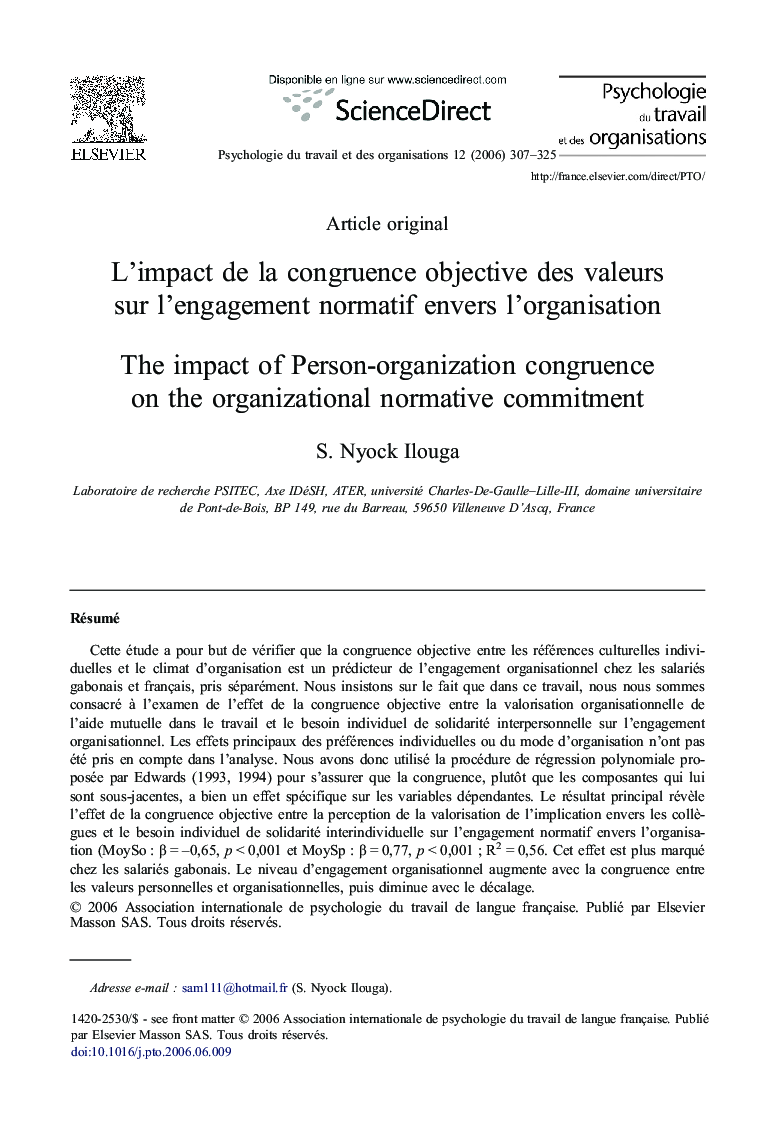 L'impact de la congruence objective des valeurs sur l'engagement normatif envers l'organisation