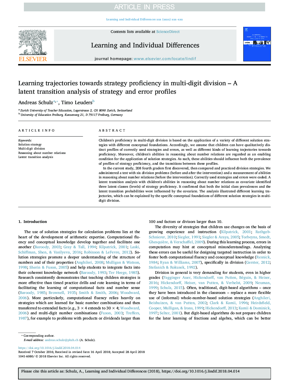 Learning trajectories towards strategy proficiency in multi-digit division - A latent transition analysis of strategy and error profiles