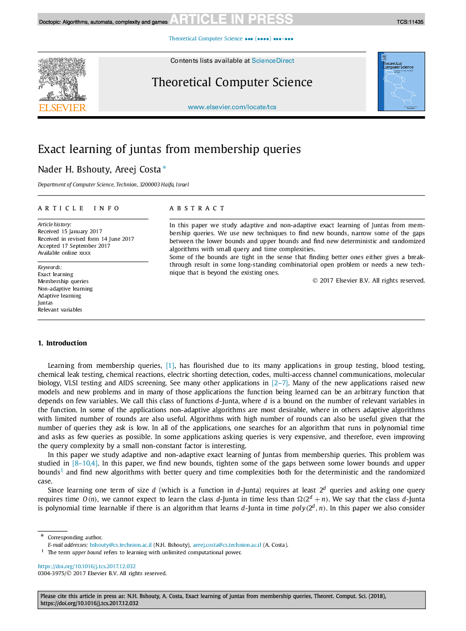 Exact learning of juntas from membership queries