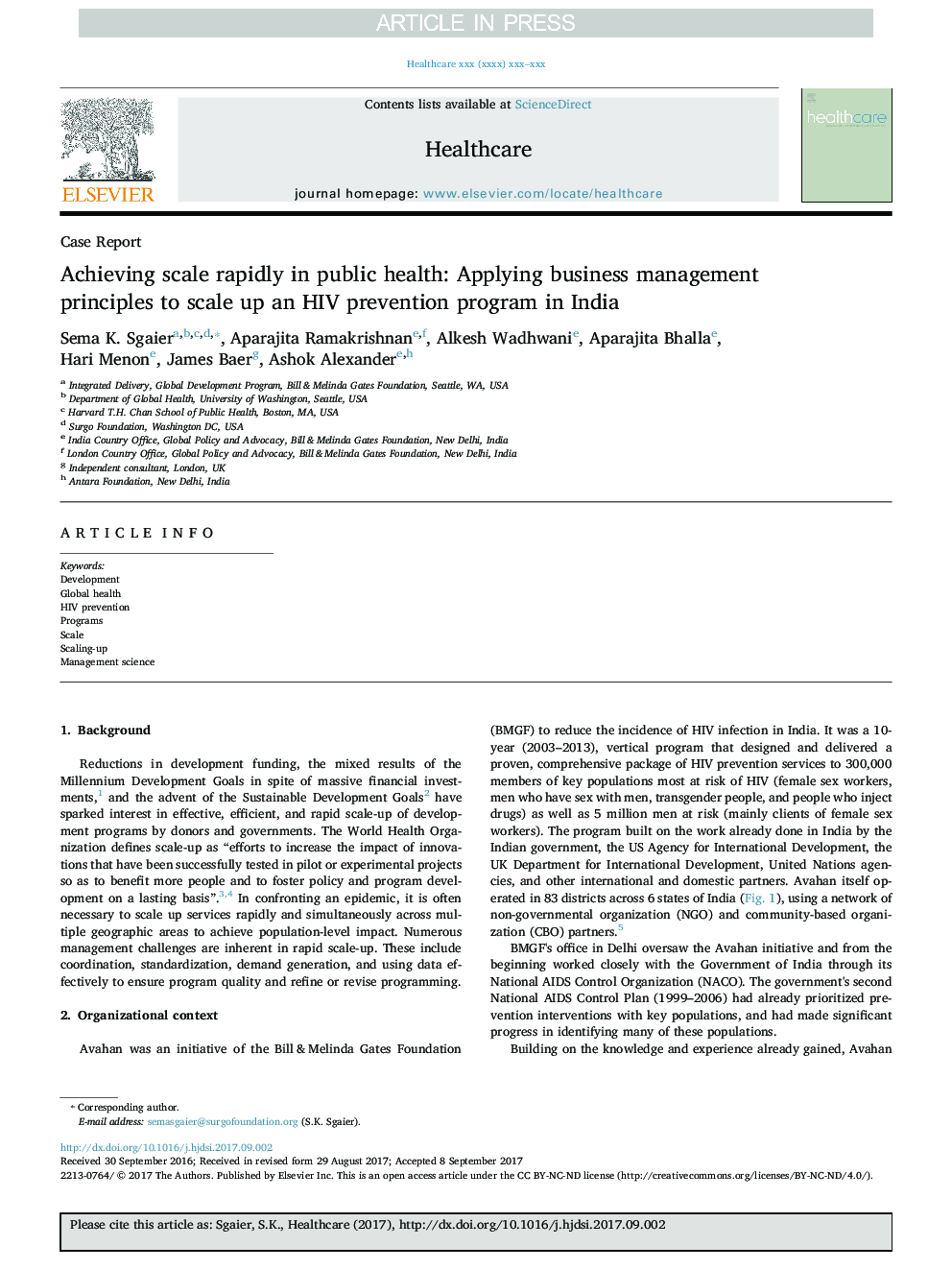 Achieving scale rapidly in public health: Applying business management principles to scale up an HIV prevention program in India