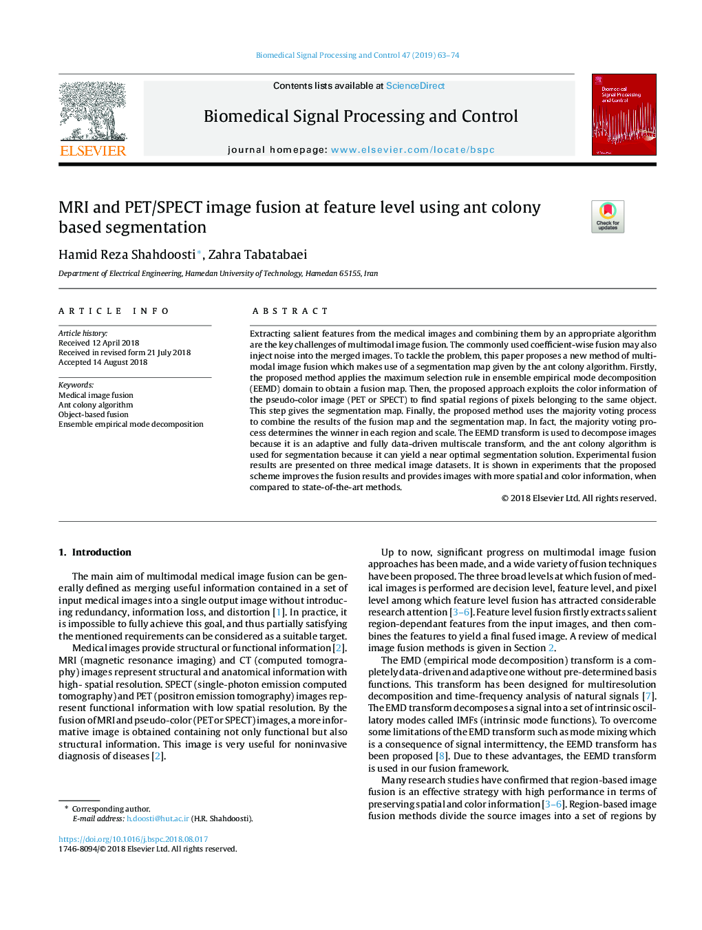 MRI and PET/SPECT image fusion at feature level using ant colony based segmentation