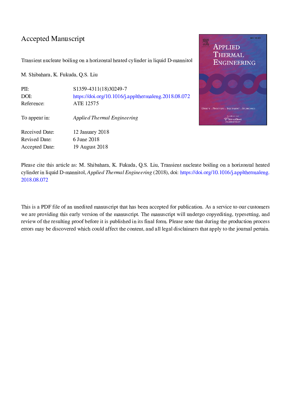 عکس صفحه اول مقاله: Transient nucleate boiling on a horizontal heated cylinder in liquid D-mannitol Transient nucleate boiling on a horizontal heated cylinder in liquid D-mannitol
