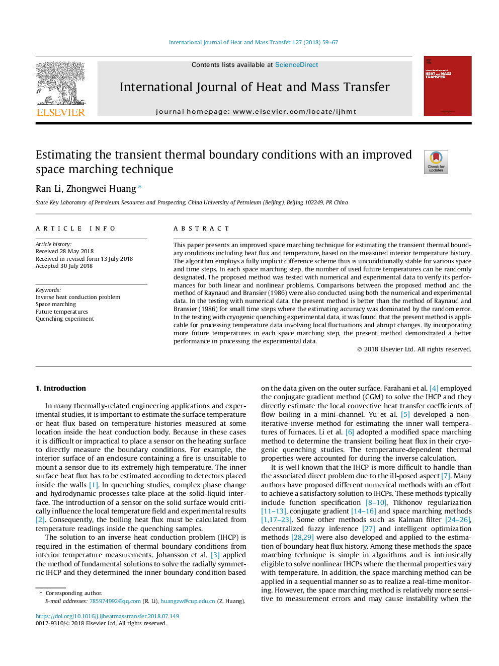 Estimating the transient thermal boundary conditions with an improved space marching technique