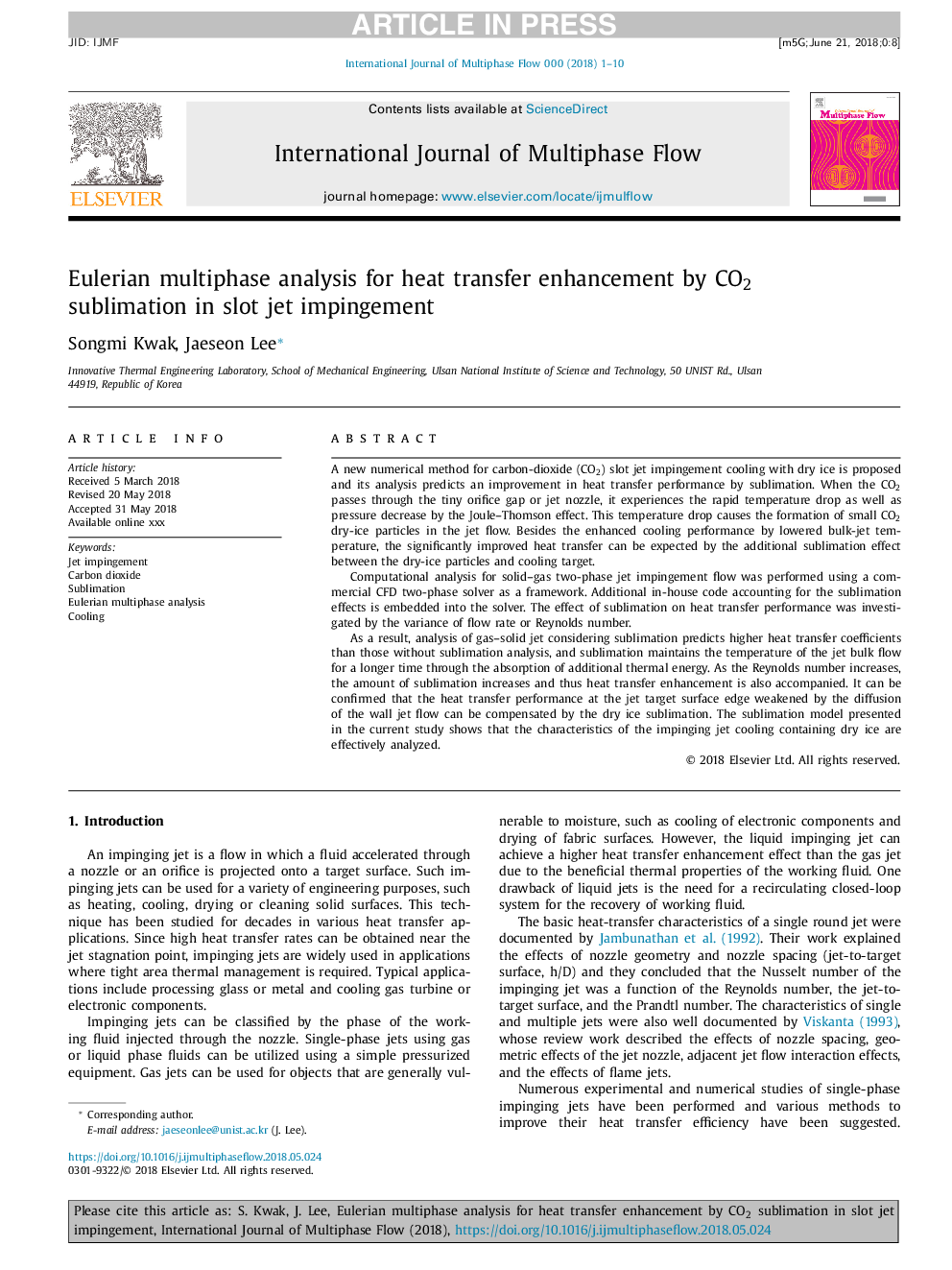 Eulerian multiphase analysis for heat transfer enhancement by CO2 sublimation in slot jet impingement