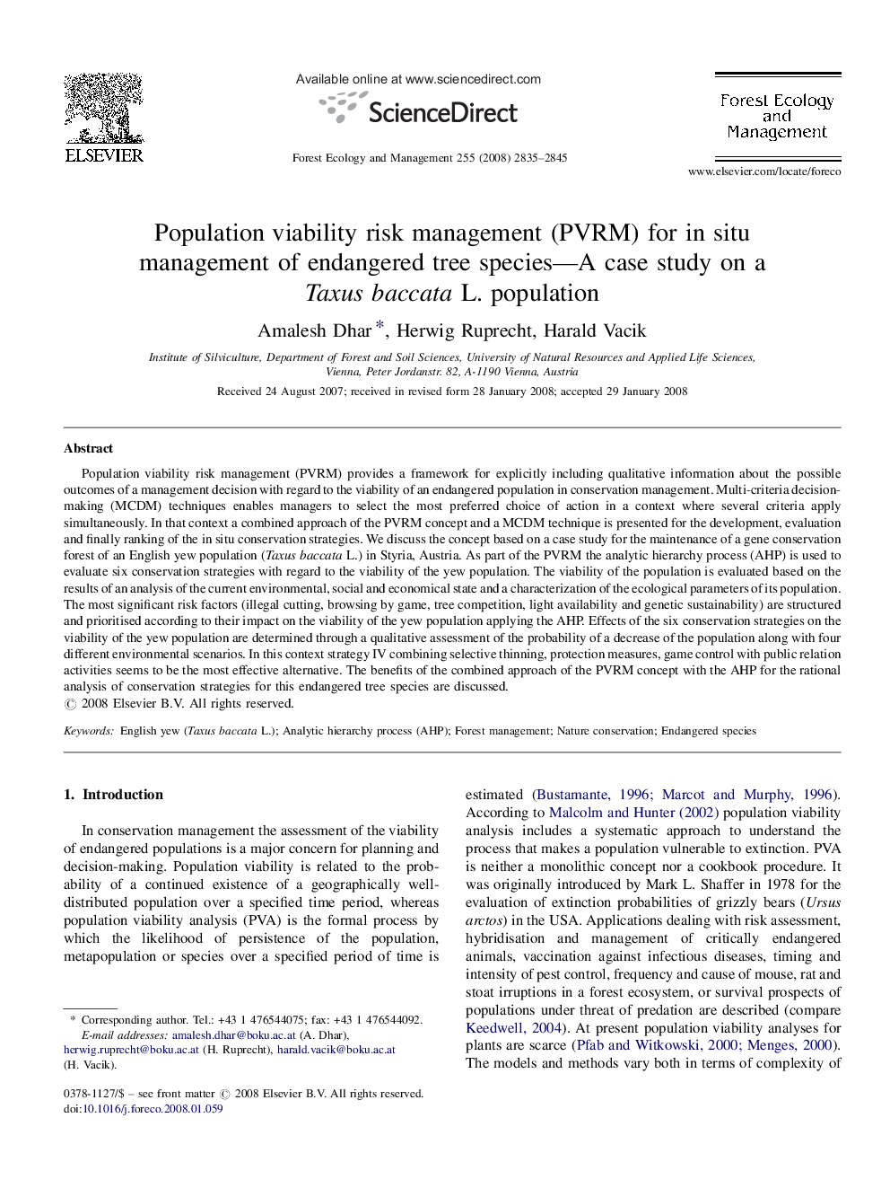 Population viability risk management (PVRM) for in situ management of endangered tree species—A case study on a Taxus baccata L. population