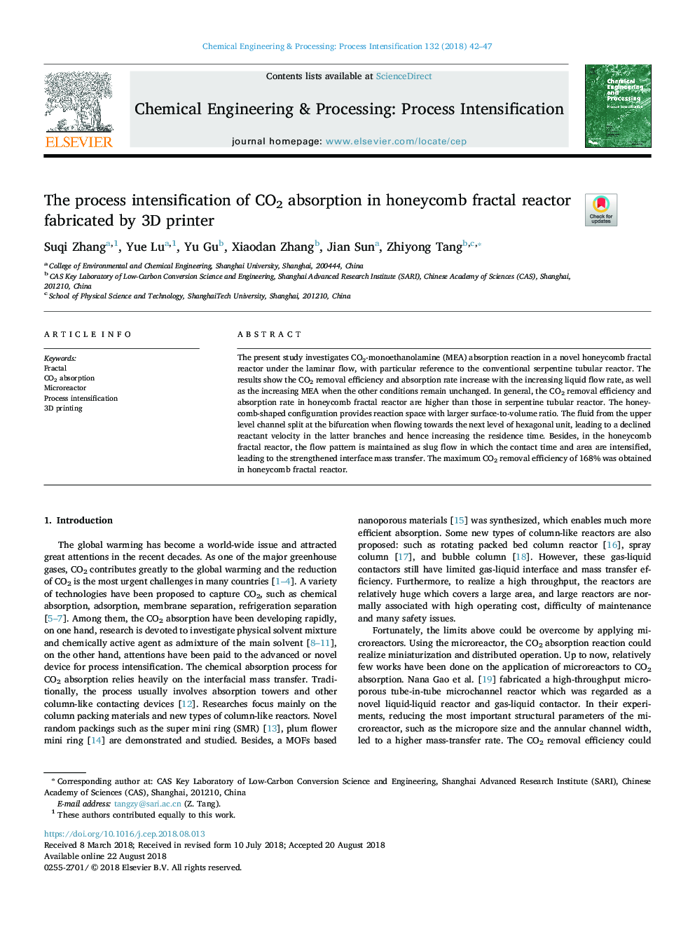 عکس صفحه اول مقاله: The process intensification of CO2 absorption in honeycomb fractal reactor fabricated by 3D printer The process intensification of CO2 absorption in honeycomb fractal reactor fabricated by 3D printer