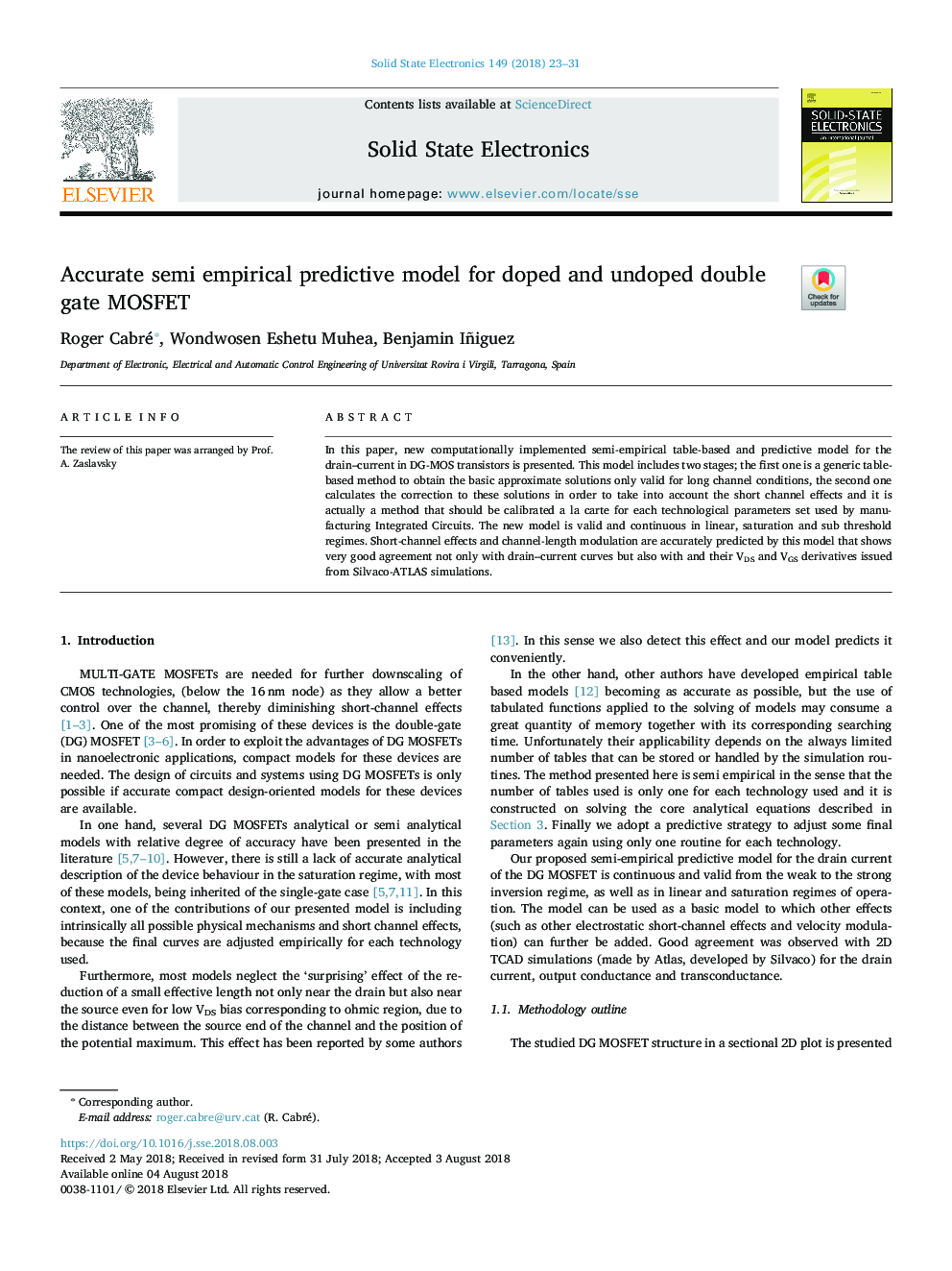 Accurate semi empirical predictive model for doped and undoped double gate MOSFET