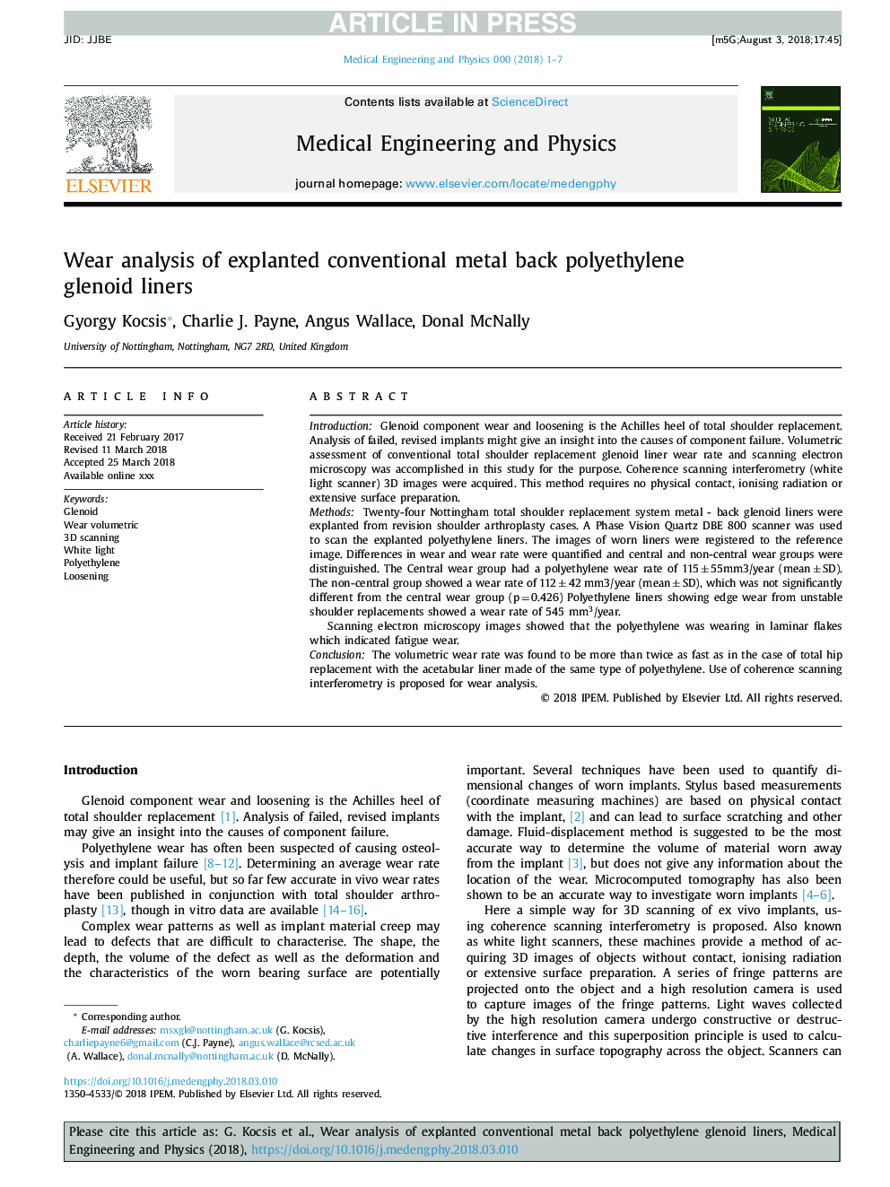 Wear analysis of explanted conventional metal back polyethylene glenoid liners