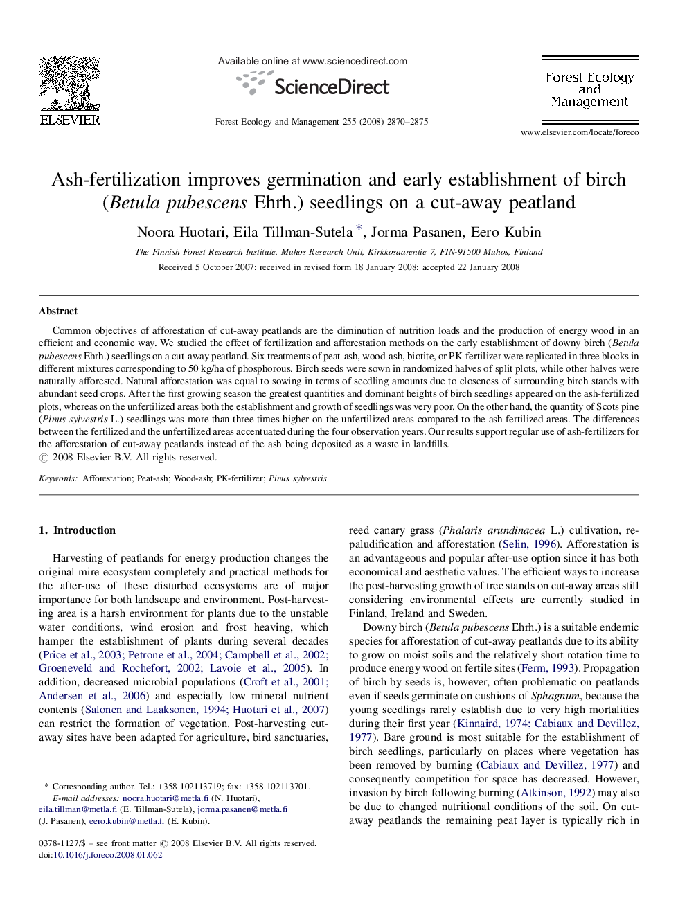 Ash-fertilization improves germination and early establishment of birch (Betula pubescens Ehrh.) seedlings on a cut-away peatland