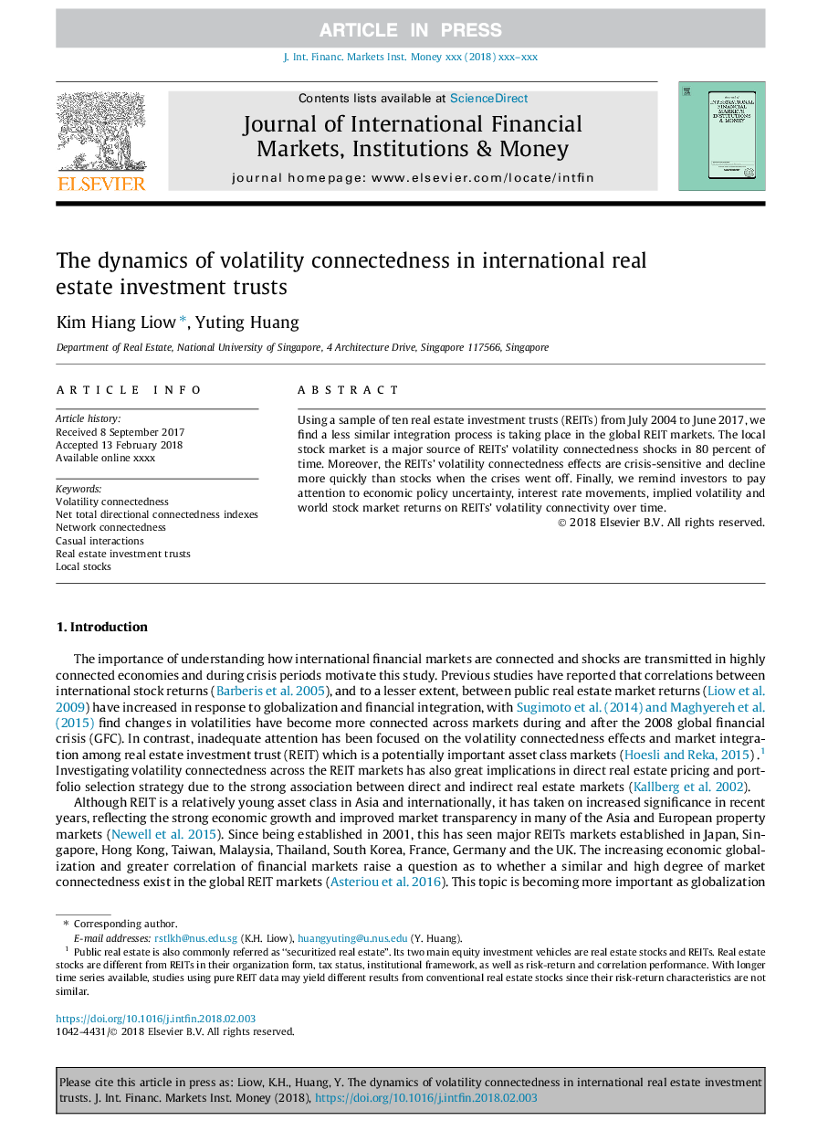 The dynamics of volatility connectedness in international real estate investment trusts