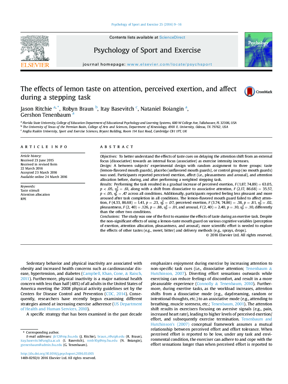 The effects of lemon taste on attention, perceived exertion, and affect during a stepping task