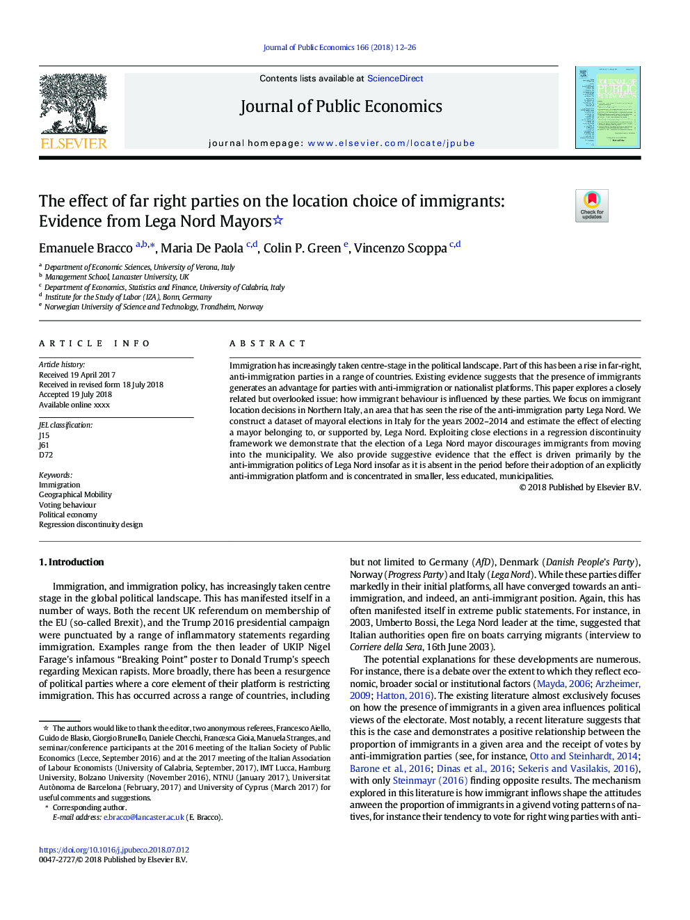 The effect of far right parties on the location choice of immigrants: Evidence from Lega Nord Mayors