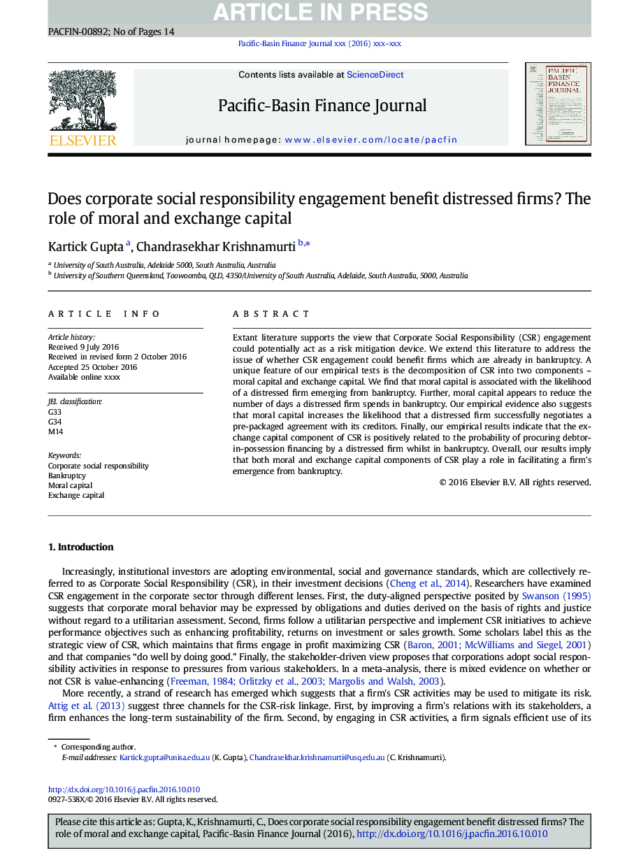 Does corporate social responsibility engagement benefit distressed firms? The role of moral and exchange capital