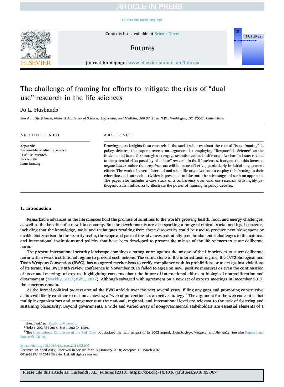 The challenge of framing for efforts to mitigate the risks of “dual use” research in the life sciences