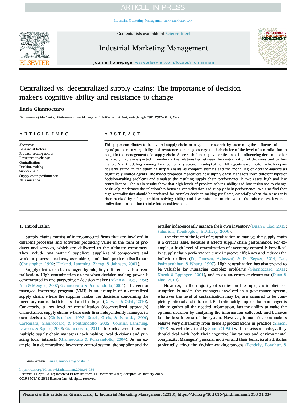 Centralized vs. decentralized supply chains: The importance of decision maker's cognitive ability and resistance to change