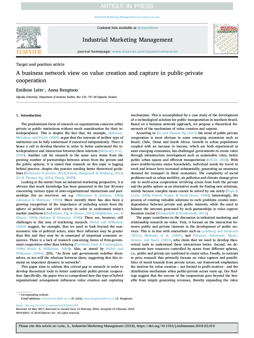 A business network view on value creation and capture in public-private cooperation