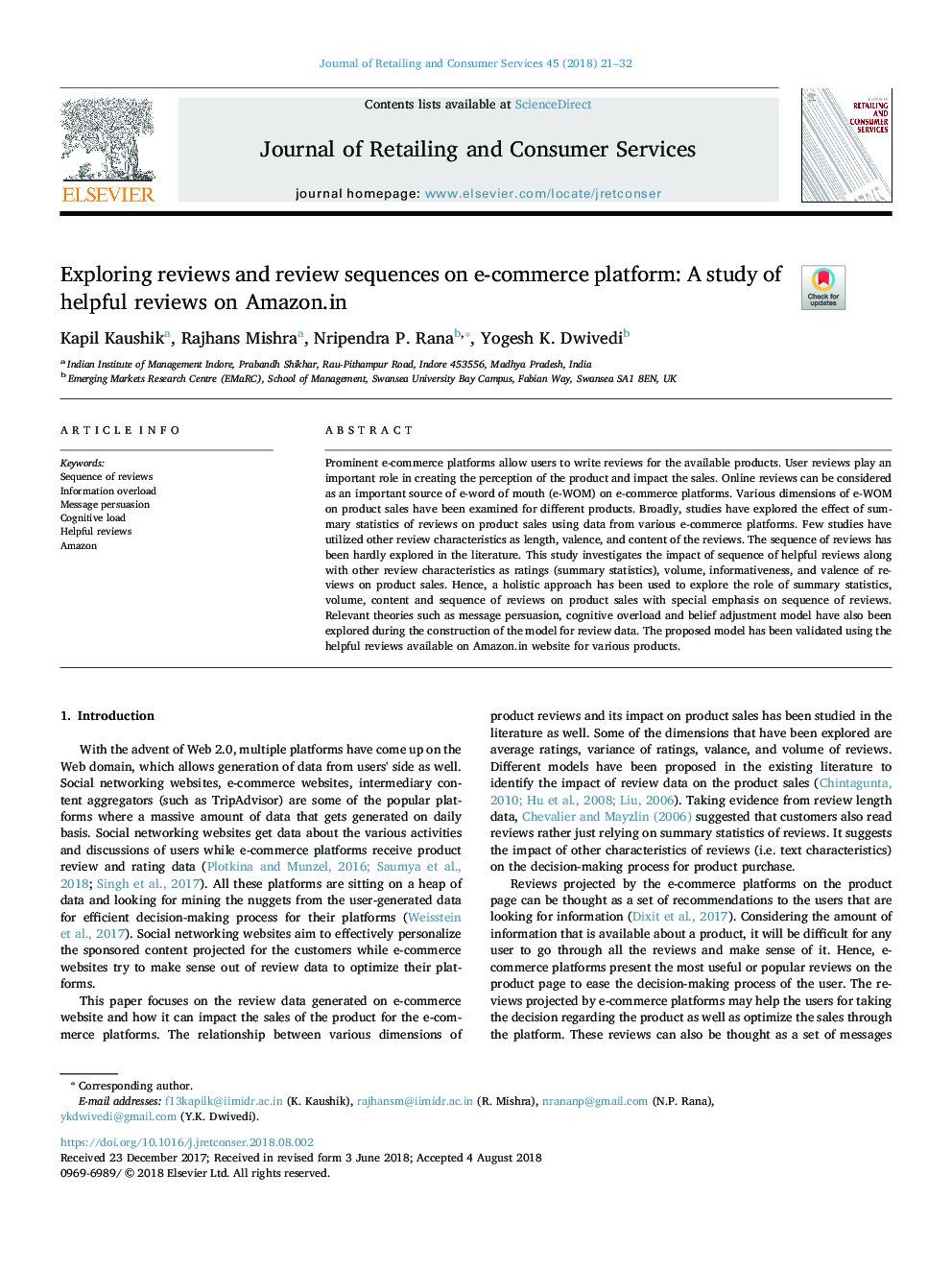 عکس صفحه اول مقاله: Exploring reviews and review sequences on e-commerce platform: A study of helpful reviews on Amazon.in Exploring reviews and review sequences on e-commerce platform: A study of helpful reviews on Amazon.in