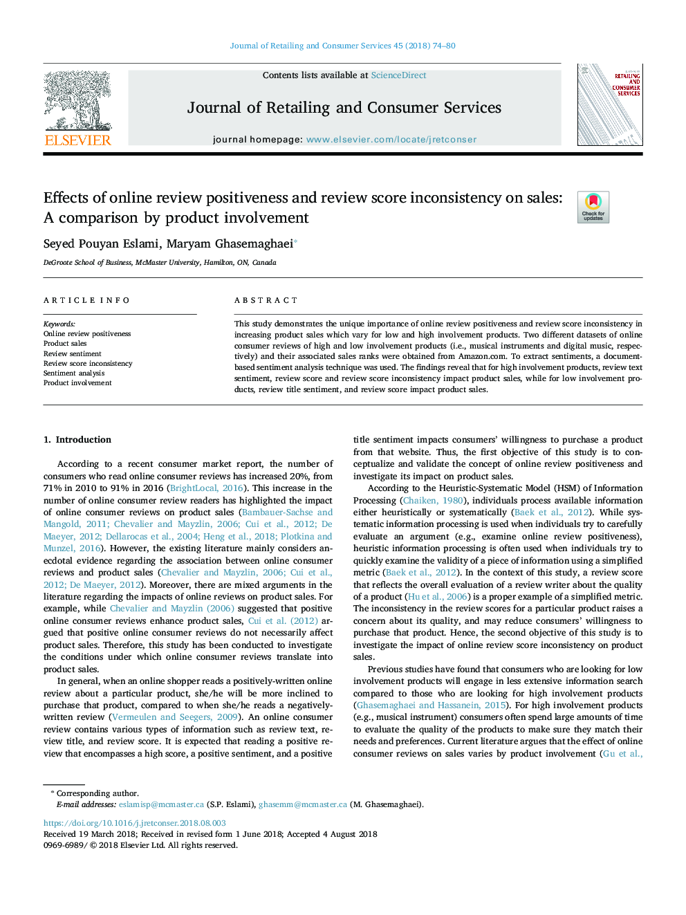 Effects of online review positiveness and review score inconsistency on sales: A comparison by product involvement