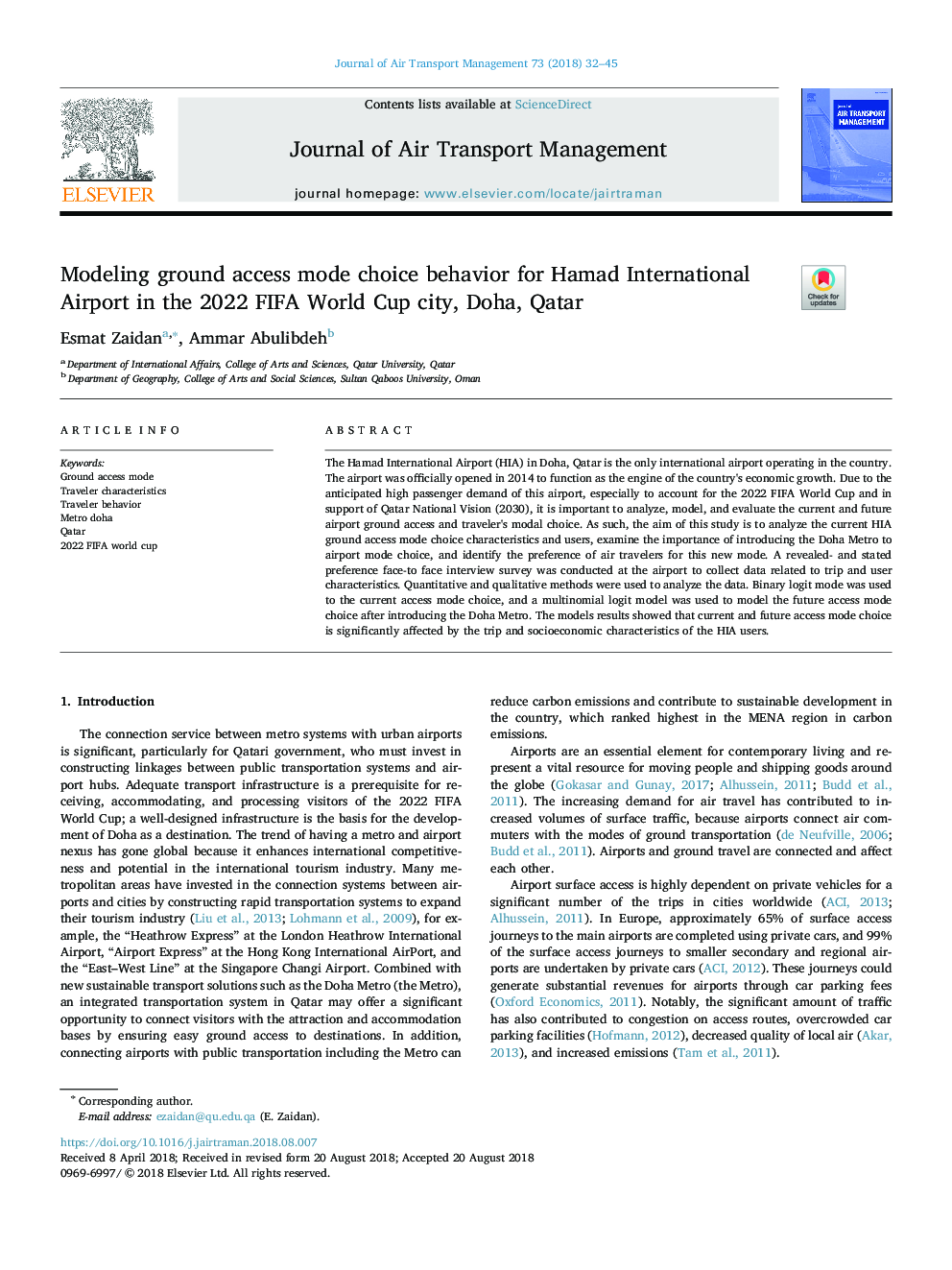 Modeling ground access mode choice behavior for Hamad International Airport in the 2022 FIFA World Cup city, Doha, Qatar