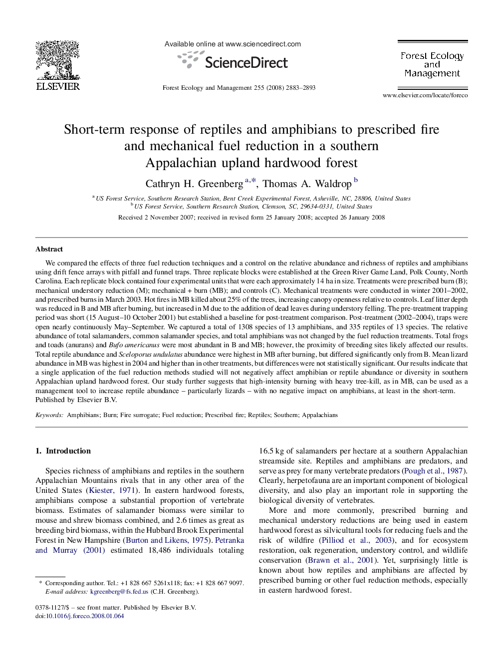 Short-term response of reptiles and amphibians to prescribed fire and mechanical fuel reduction in a southern Appalachian upland hardwood forest