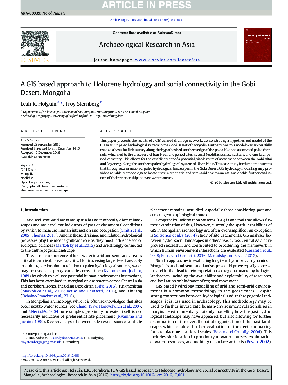 A GIS based approach to Holocene hydrology and social connectivity in the Gobi Desert, Mongolia