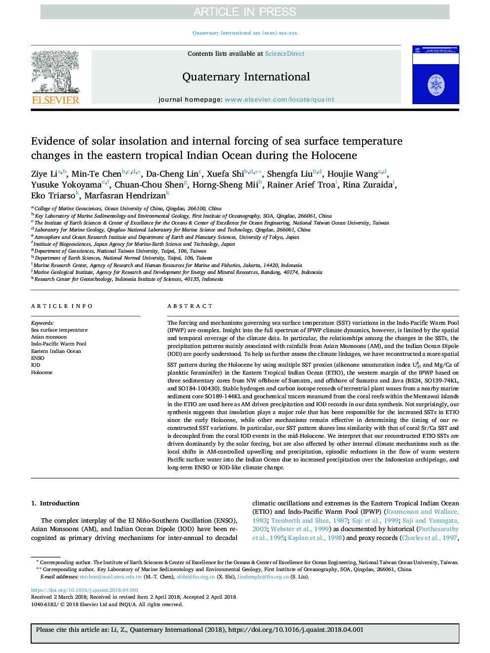 Evidence of solar insolation and internal forcing of sea surface temperature changes in the eastern tropical Indian Ocean during the Holocene