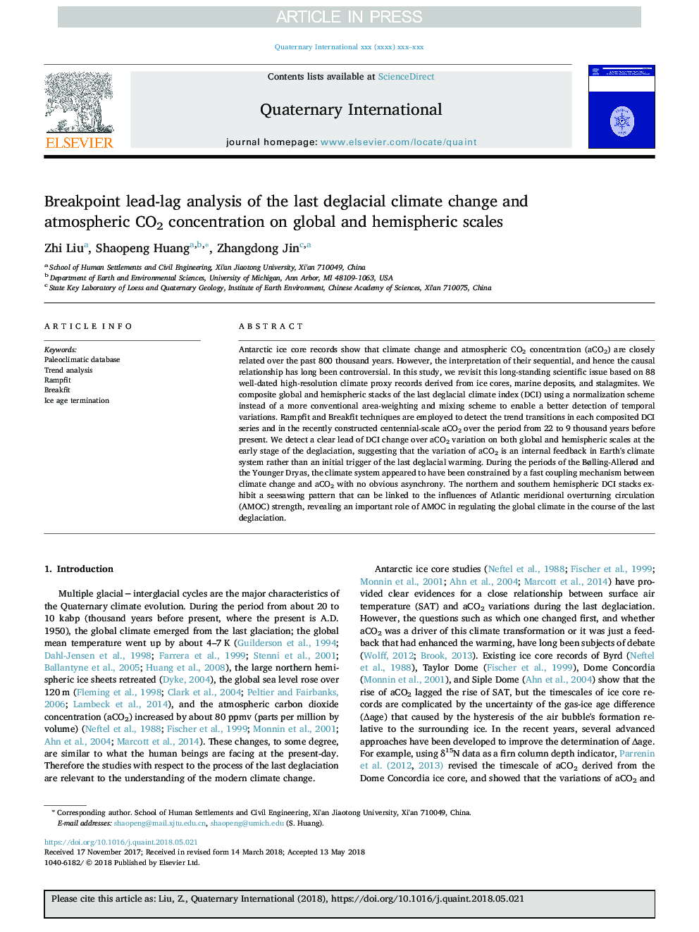 Breakpoint lead-lag analysis of the last deglacial climate change and atmospheric CO2 concentration on global and hemispheric scales