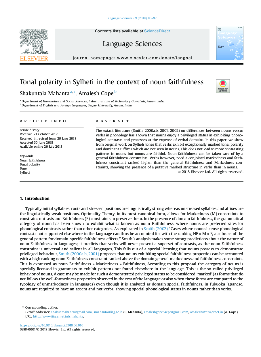 Tonal polarity in Sylheti in the context of noun faithfulness